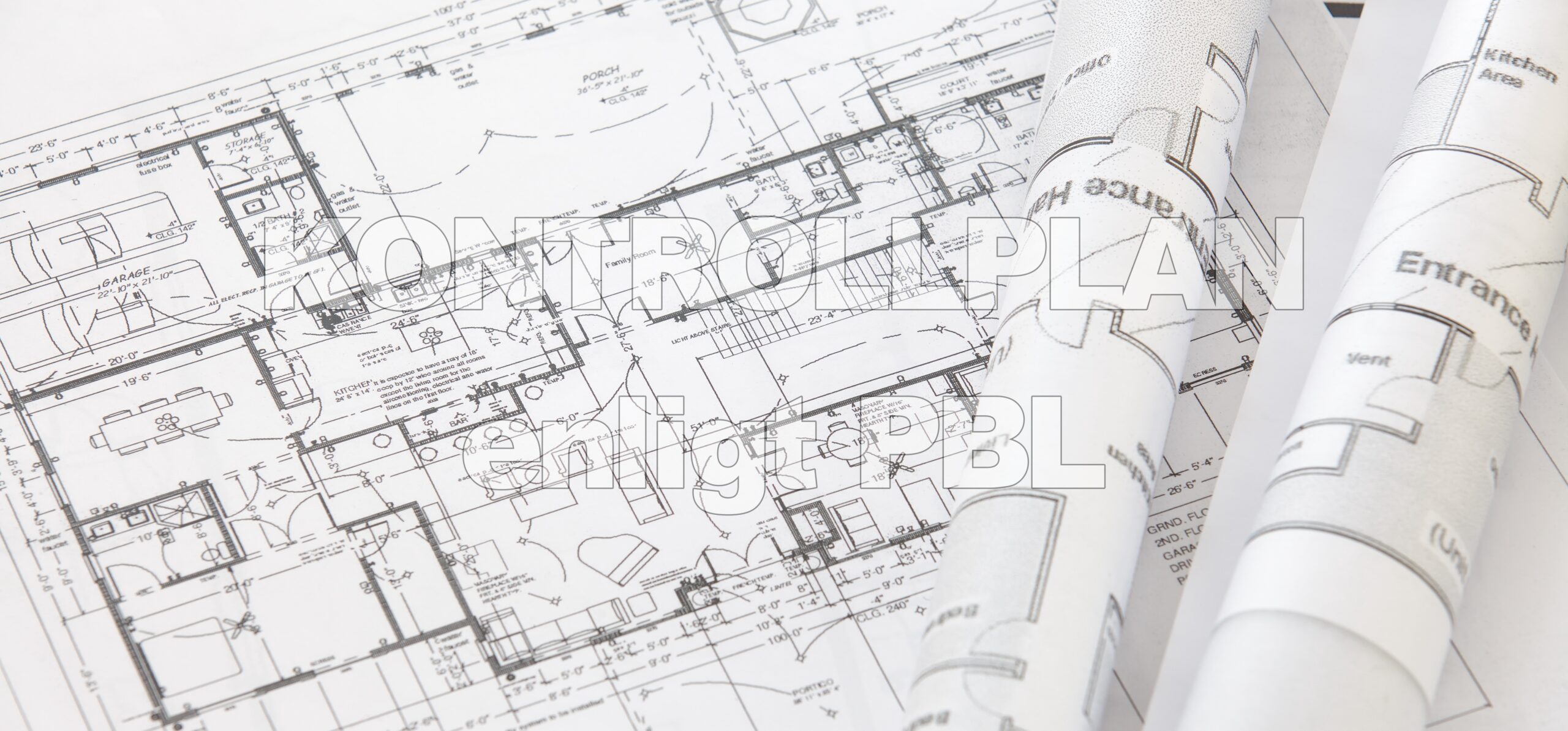 Illustration av byggritningar med texten Kontrollplan enligt PBL.